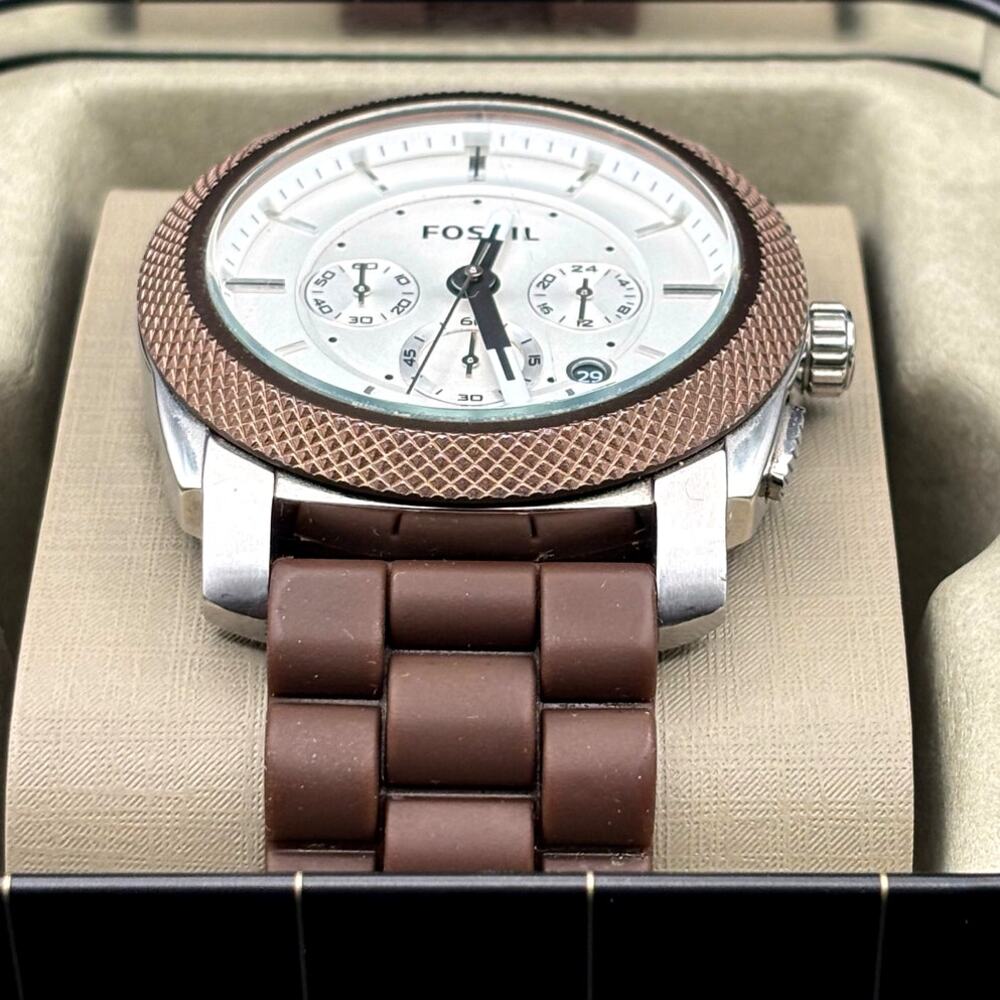 Fossil Machine FS4596 Men’s Chronograph white Dial Brown Silicone Strap Watch - Picture 7 of 17